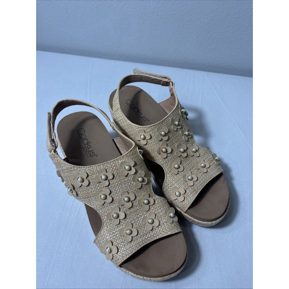 Corkys Carley Shoes Women Size 8 Beige Rattan Floral Wedge Sandals Boho